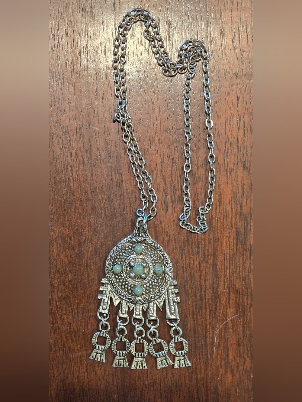 Vintage Bohemian Silver-Tone Pendant Necklace with Mint Green Beads